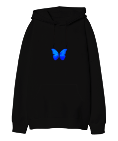 Mavi kelebek baskılı basic hoodie Oversize Unisex Kapüşonlu Sweatshirt