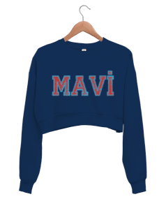 mavi yazılı kısa sweartshirt Kadın Crop Sweatshirt