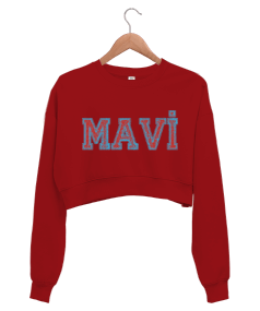 mavi yazılı kısa sweartshirt Kadın Crop Sweatshirt