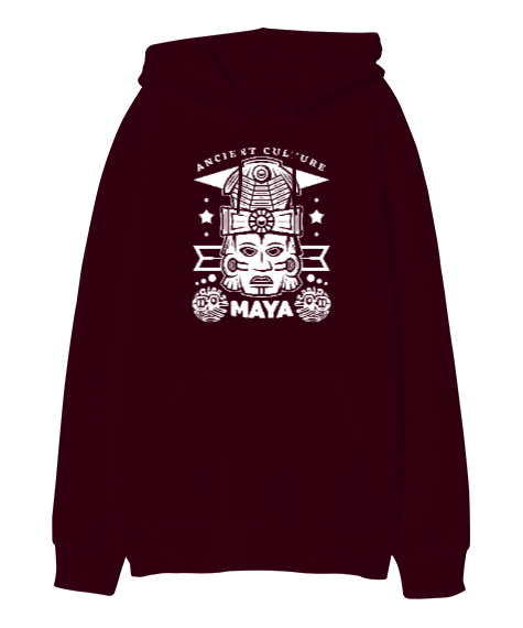 Mayalar - Antik Kültür Bordo Oversize Unisex Kapüşonlu Sweatshirt