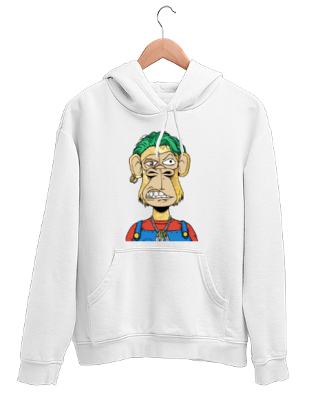 Tisho - Maymun Tasarım No:1 Beyaz Unisex Kapşonlu Sweatshirt