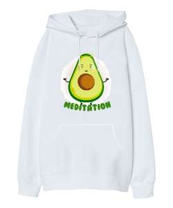  Meditasyon Yapan Avokado Beyaz Oversize Unisex Kapüşonlu Sweatshirt