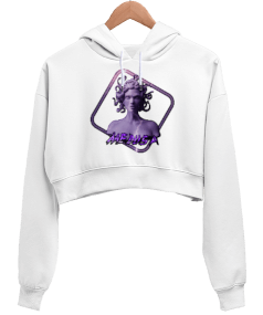 Medusa Temalı Kadın Crop Hoodie Kapüşonlu Sweatshirt