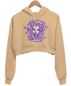 Medusa Teması Camel Kadın Crop Hoodie Kapüşonlu Sweatshirt