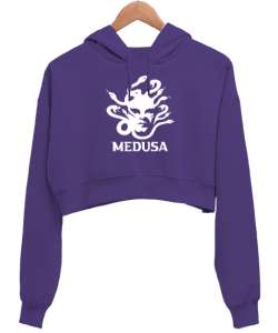 Medusa - Yılan Başlı Mitoloji Mor Kadın Crop Hoodie Kapüşonlu Sweatshirt