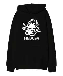 Medusa - Yılan Başlı Mitoloji Siyah Oversize Unisex Kapüşonlu Sweatshirt