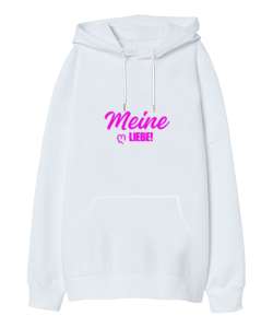 Meine Liebe Baskılı Beyaz Oversize Unisex Kapüşonlu Sweatshirt