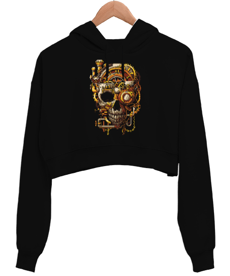 Mekanik Kafatası Skull Tasarım Baskılı Siyah Kadın Crop Hoodie Kapüşonlu Sweatshirt