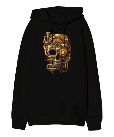 Mekanik Kafatası Skull Tasarım Baskılı Siyah Oversize Unisex Kapüşonlu Sweatshirt