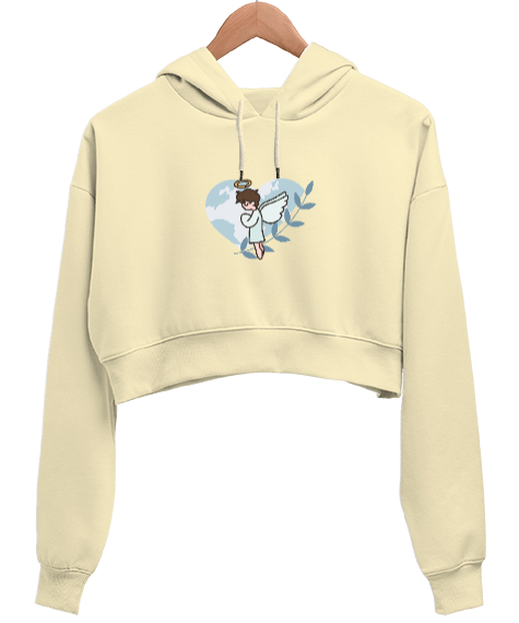 Tisho - melek çocuk Krem Kadın Crop Hoodie Kapüşonlu Sweatshirt