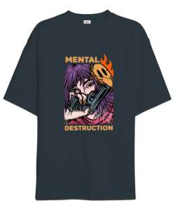 Mental Destruction Tasarım Baskılı Füme Oversize Unisex Tişört