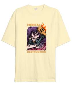 Mental Destruction Tasarım Baskılı Krem Oversize Unisex Tişört