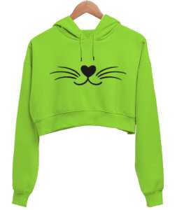 Meow Fıstık Yeşili Kadın Crop Hoodie Kapüşonlu Sweatshirt