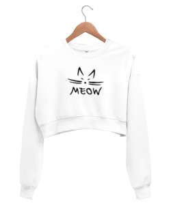 Meow Kedi Beyaz Kadın Crop Sweatshirt