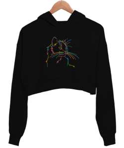 Meow Siyah Kadın Crop Hoodie Kapüşonlu Sweatshirt