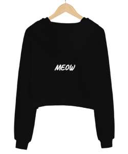 Meow Siyah Kadın Crop Hoodie Kapüşonlu Sweatshirt