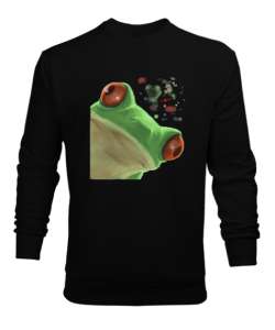 Meraklı Kurbağa, Curious Frog Baskılı Siyah Erkek Sweatshirt