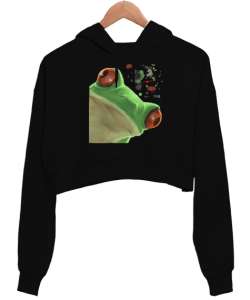 Meraklı Kurbağa, Curious Frog Baskılı Siyah Kadın Crop Hoodie Kapüşonlu Sweatshirt