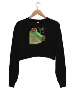 Meraklı Kurbağa, Curious Frog Baskılı Siyah Kadın Crop Sweatshirt