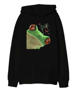 Meraklı Kurbağa, Curious Frog Baskılı Siyah Oversize Unisex Kapüşonlu Sweatshirt