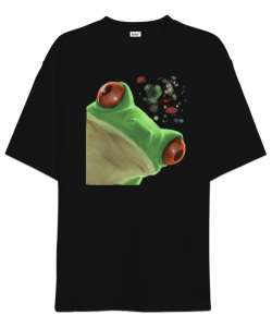 Meraklı Kurbağa, Curious Frog Baskılı Siyah Oversize Unisex Tişört