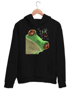 Meraklı Kurbağa, Curious Frog Baskılı Siyah Unisex Kapşonlu Sweatshirt