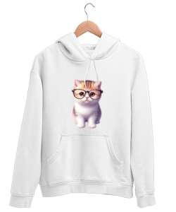 Meraklı Sevimli Gözlüklü Kedi Beyaz Unisex Kapşonlu Sweatshirt