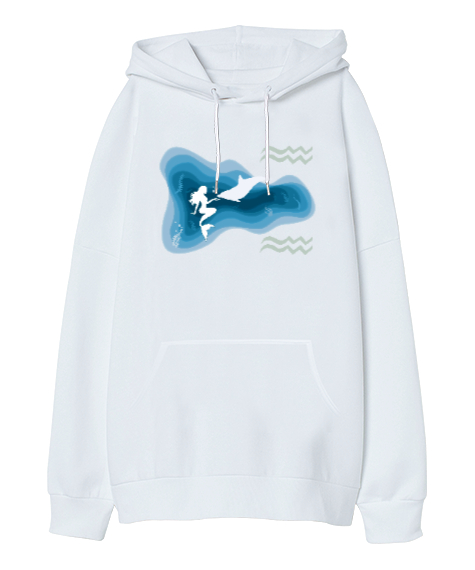 Mermaid - Deniz Kızı ve Yunus Beyaz Oversize Unisex Kapüşonlu Sweatshirt