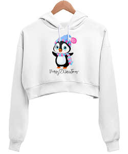 MERRY CHRİSTMAS Beyaz Kadın Crop Hoodie Kapüşonlu Sweatshirt