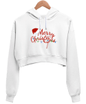 MERRY CHRİSTMAS Beyaz Kadın Crop Hoodie Kapüşonlu Sweatshirt