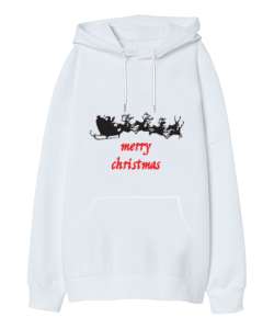 Merry Christmas Beyaz Oversize Unisex Kapüşonlu Sweatshirt