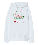 MERRY CHRİSTMAS Beyaz Oversize Unisex Kapüşonlu Sweatshirt