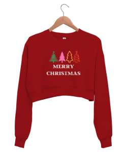  MERRY CHRISTMAS- MUTLU YILLAR Kırmızı Kadın Crop Sweatshirt