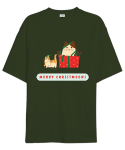 Merry Christmeows Kedili Noel Haki Yeşili Oversize Unisex Tişört