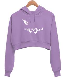 Meteor ve Kaçışan Dinozorlar - Göktaşı Lila Kadın Crop Hoodie Kapüşonlu Sweatshirt