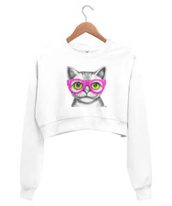 Mini kedi kara kalem Beyaz Kadın Crop Sweatshirt