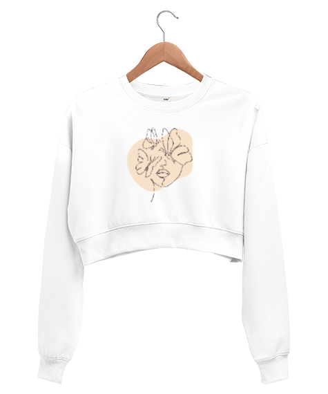 Tisho - minimal çizim Beyaz Kadın Crop Sweatshirt