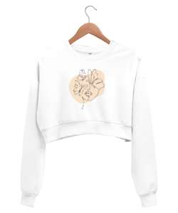 minimal çizim Beyaz Kadın Crop Sweatshirt