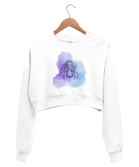 Tisho - minimal modern çizgiler Beyaz Kadın Crop Sweatshirt