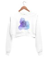 minimal modern çizgiler Beyaz Kadın Crop Sweatshirt - Thumbnail