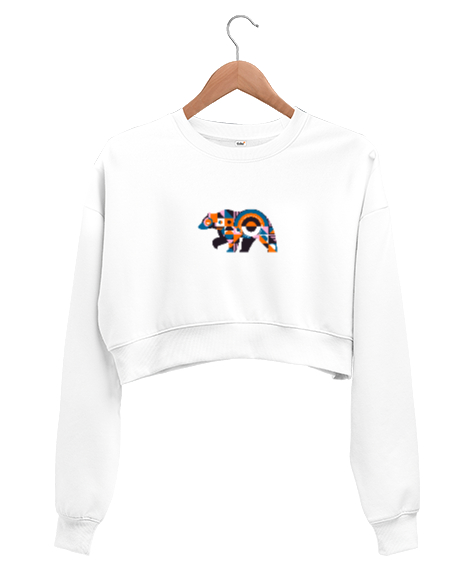 Tisho - Minimalist Bear Beyaz Kadın Crop Sweatshirt