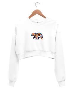 Minimalist Bear Beyaz Kadın Crop Sweatshirt