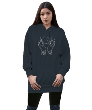 Mistik Ay Tutmak Eller ve Ay Temalı Kadın Uzun Hoodie Kapüşonlu Sweatshirt