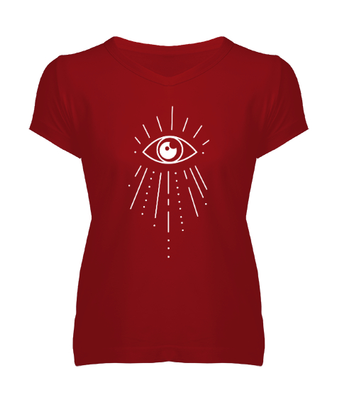 Tisho - Mistik Göz - Nazar Kırmızı Kadın V Yaka Tişört
