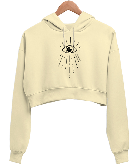 Tisho - Mistik Göz - Nazar Krem Kadın Crop Hoodie Kapüşonlu Sweatshirt