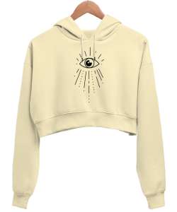 Mistik Göz - Nazar Krem Kadın Crop Hoodie Kapüşonlu Sweatshirt