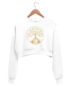 Mistik Hayat Ağacı ve Gözü Beyaz Kadın Crop Sweatshirt