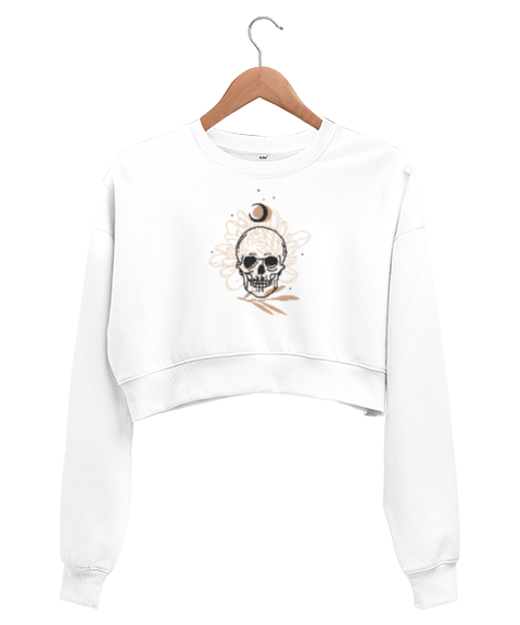 Tisho - Mistik Kafatası - Skull Beyaz Kadın Crop Sweatshirt