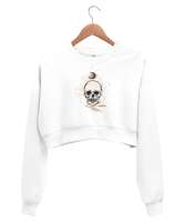 Mistik Kafatası - Skull Beyaz Kadın Crop Sweatshirt - Thumbnail