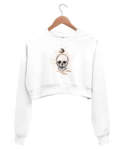 Mistik Kafatası - Skull Beyaz Kadın Crop Sweatshirt